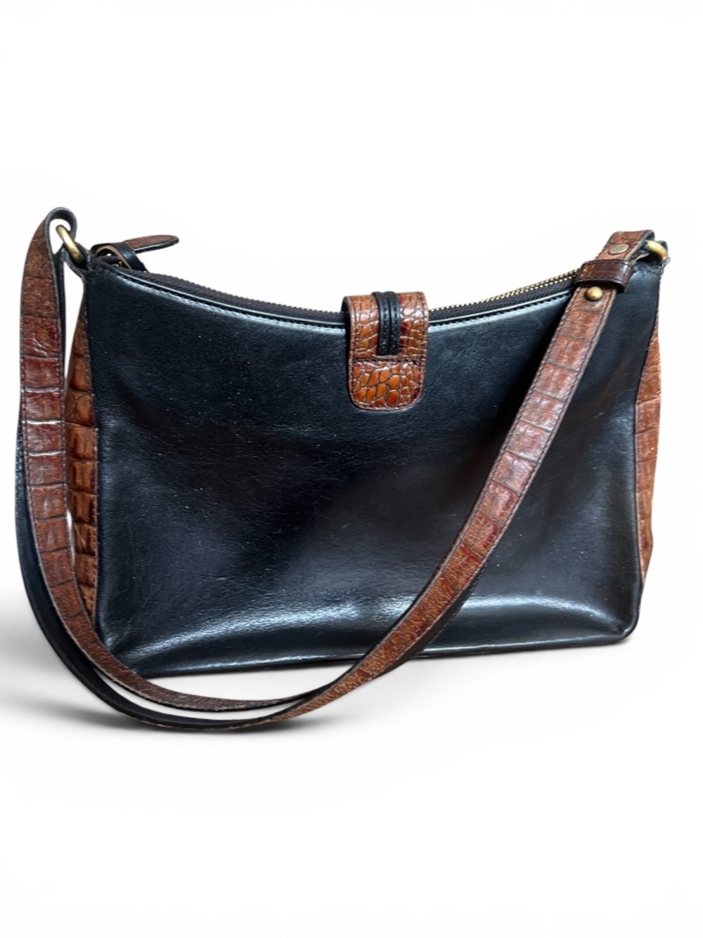 Brahmin Vintage Black Leather Croc Trim Shoulder Bag Crossbody - Picture 3 of 6